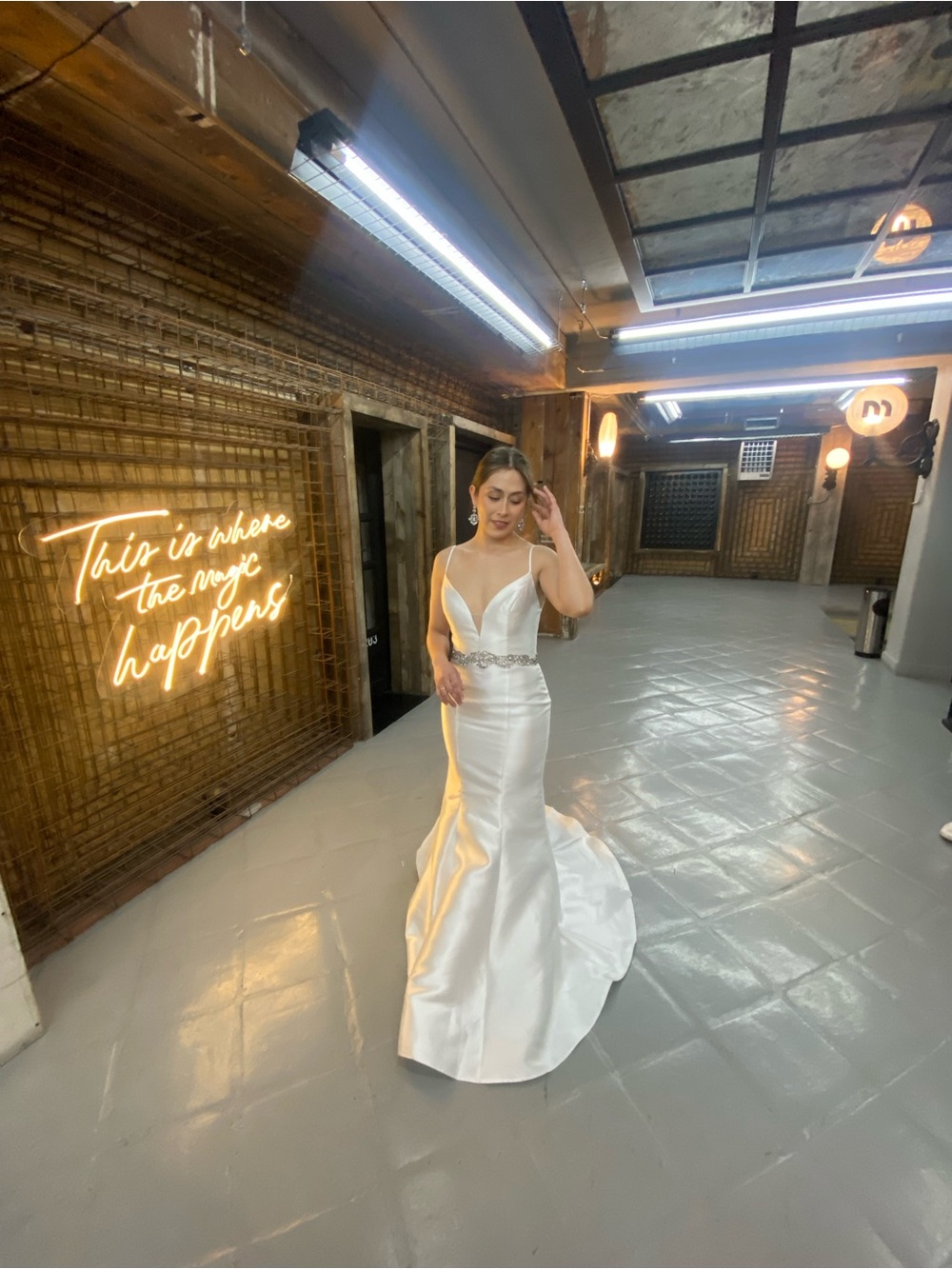 Nina Canacci White Satin Mermaid Wedding Dress with Beaded Waist